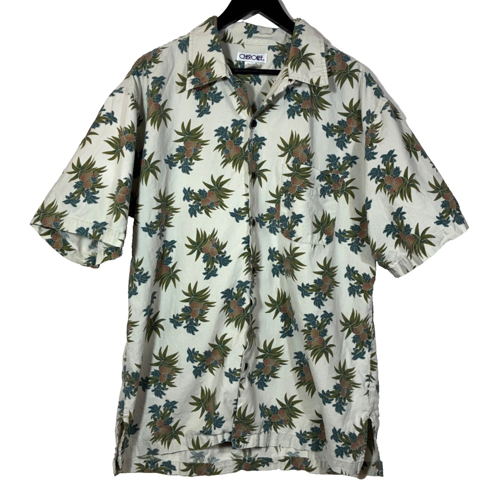 Light Tan Hawaiian Shirt Pineapple Print Mens Large 100% Cotton Tropical Vintage